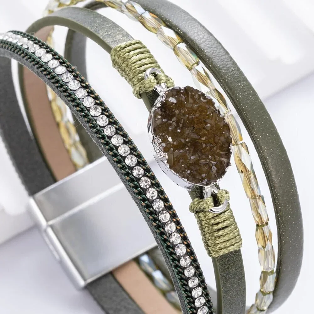 Leather Wrap Bracelet Boho Cuff Bangle Multi Layer Crystal Bead Jewelry Women